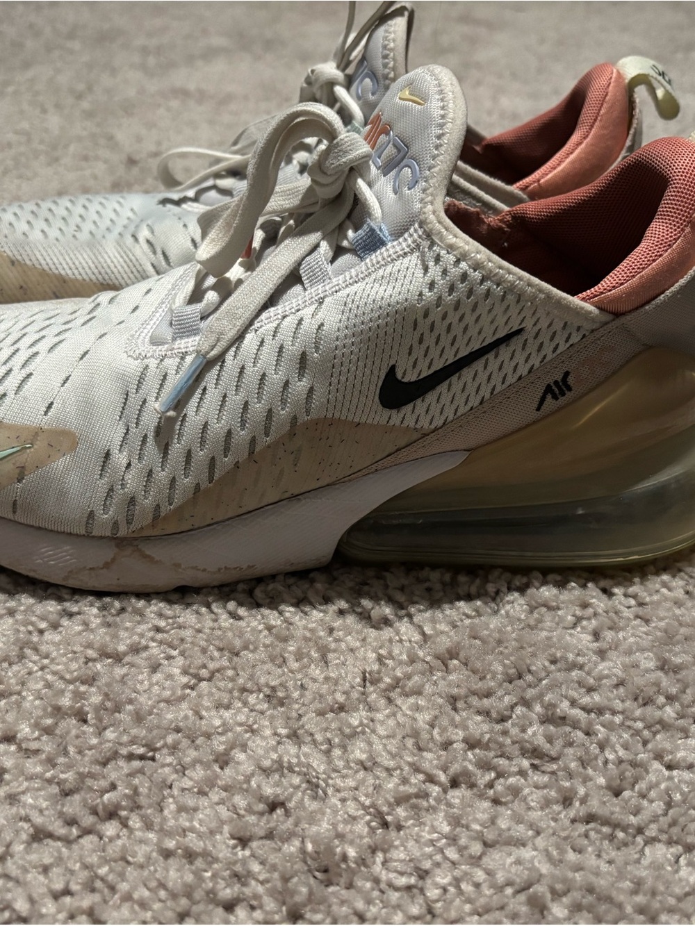 Nike Air Max 270 in White with Coral and Gold Accents